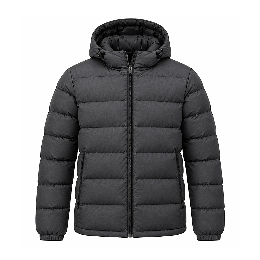 Charcoal Hooded Puffer Jacket - custom jackets & outerwear manufactured by Formore Exports