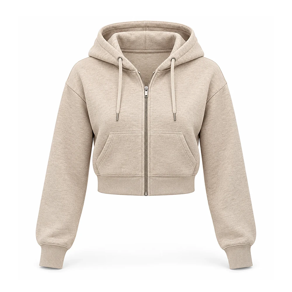Beige Cropped Zip-Up Hoodie - custom hoodies & sweatshirts manufactured by Formore Exports