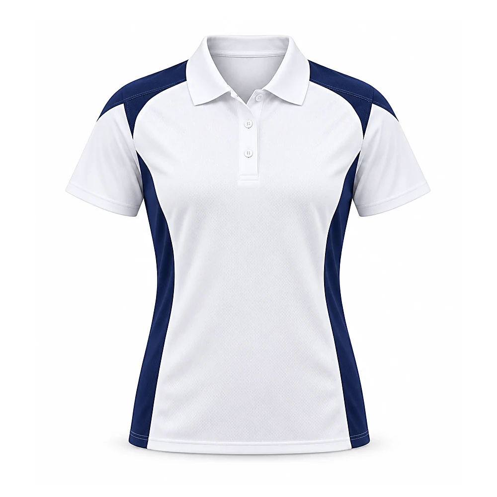 White And Navy Women's Athletic Polo - custom women's activewear manufactured by Formore Exports